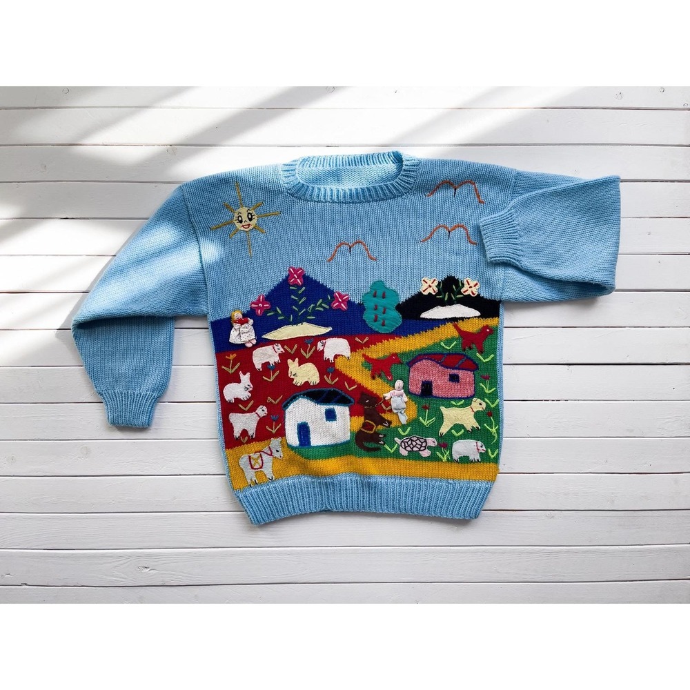 Peruvian vtg blue embroidered animal farm‎ cottagecore sweater